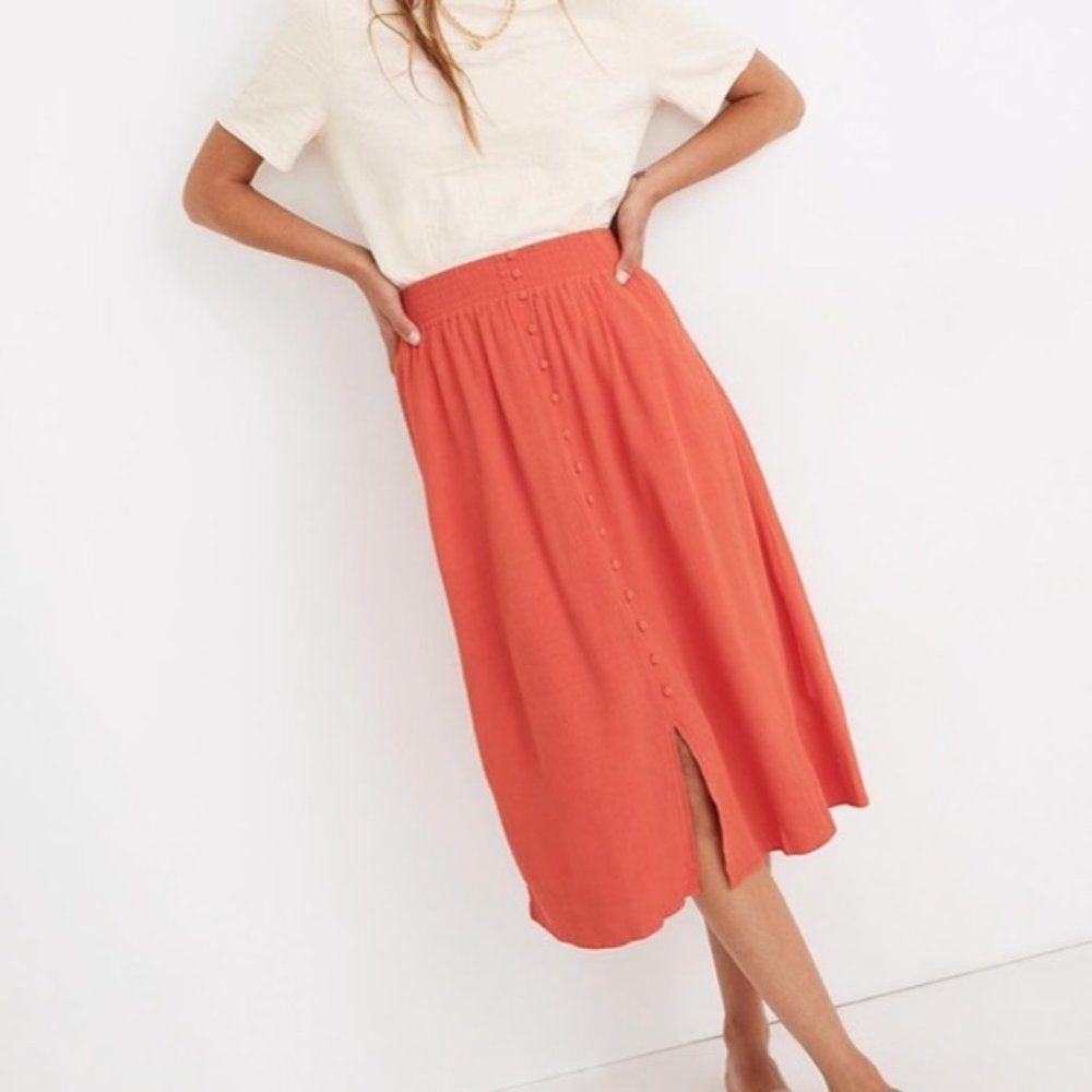 Madewell Button Front Smocked Midi Skirt Womens M Coral Orange Na234